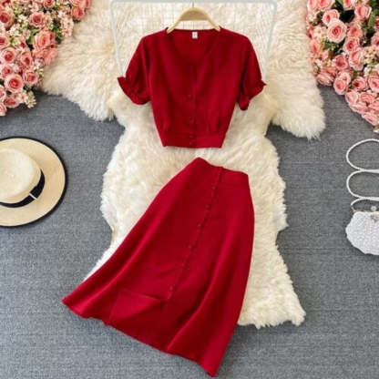 Retro Elegant Puff Sleeve Short Top With Skirt For Women-Soco Hoodie