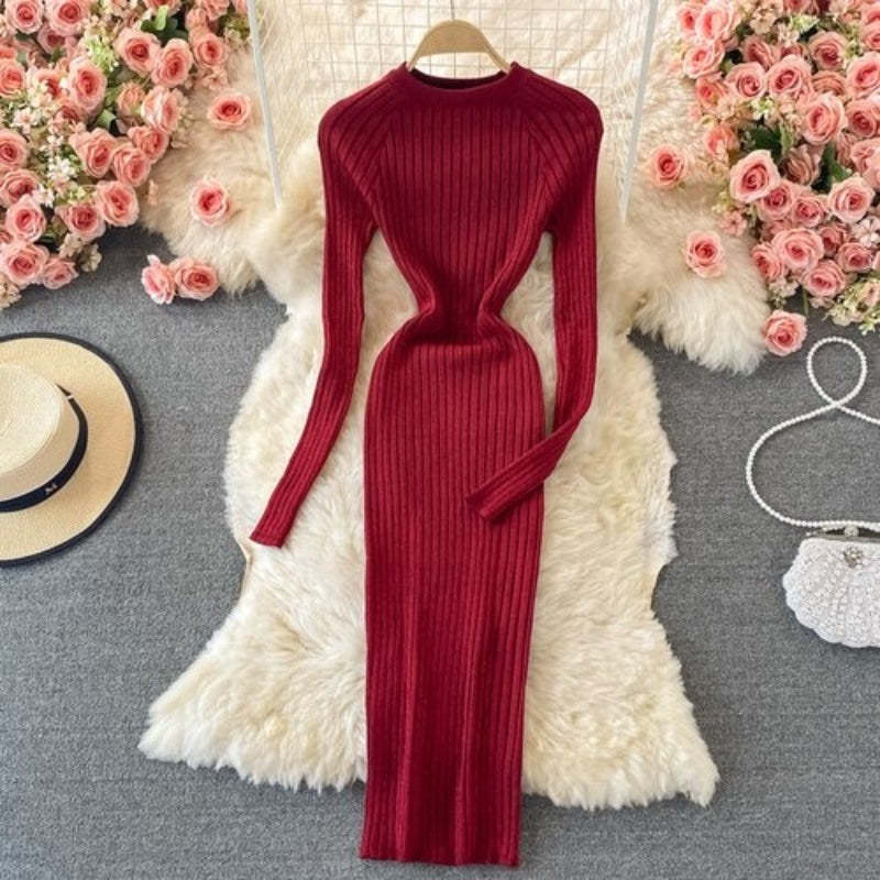 Bright Silk Elegant Knitted Long Sleeve Dress For Women-Soco Hoodie
