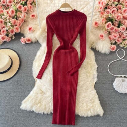 Bright Silk Elegant Knitted Long Sleeve Dress For Women-Soco Hoodie