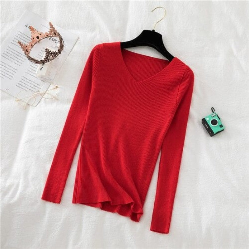 Woolen V-Neck Long-Sleeved Knitted Pullover For Women-Soco Hoodie
