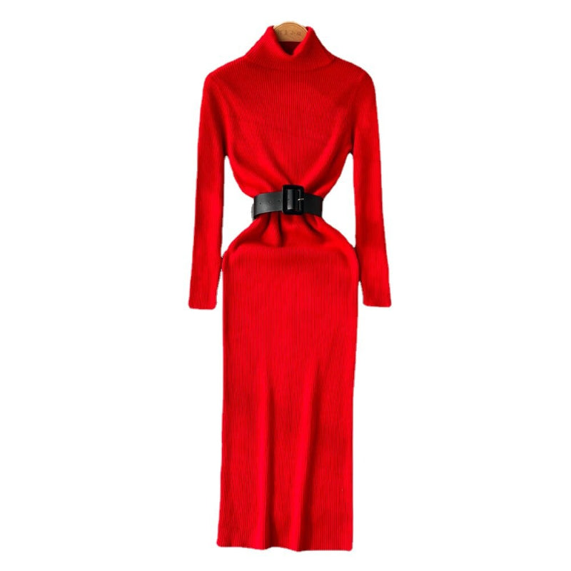 Women's Turtleneck A-Line Knitted Bodycon Dress With Belt-Soco Hoodie