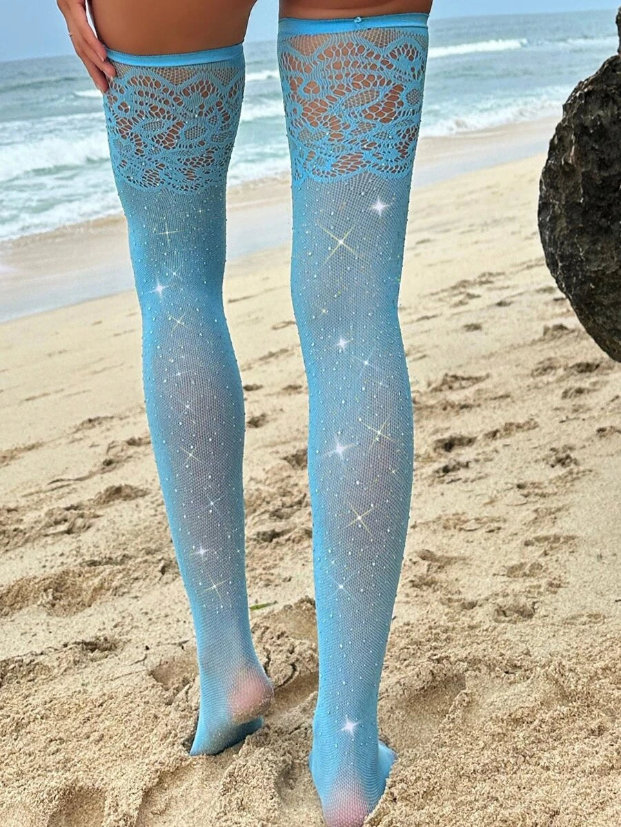 Rhinestone Studded Fishnet Lingerie Set With Stockings-Soco Hoodie