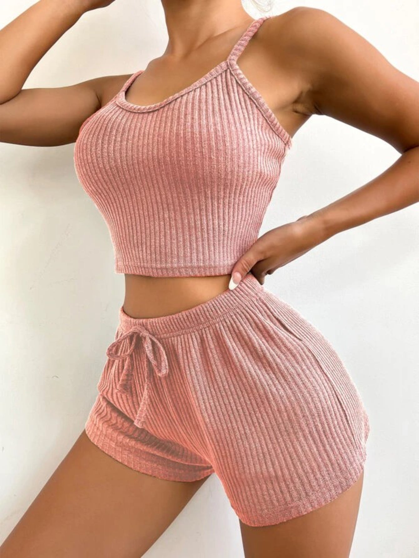 Ribbed Knit Cami Top And Shorts Lounge Set-Soco Hoodie