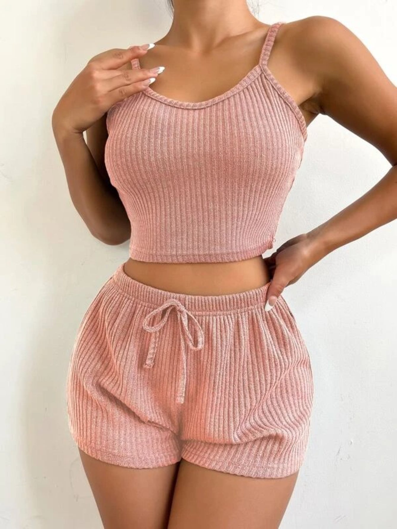 Ribbed Knit Cami Top And Shorts Lounge Set-Soco Hoodie