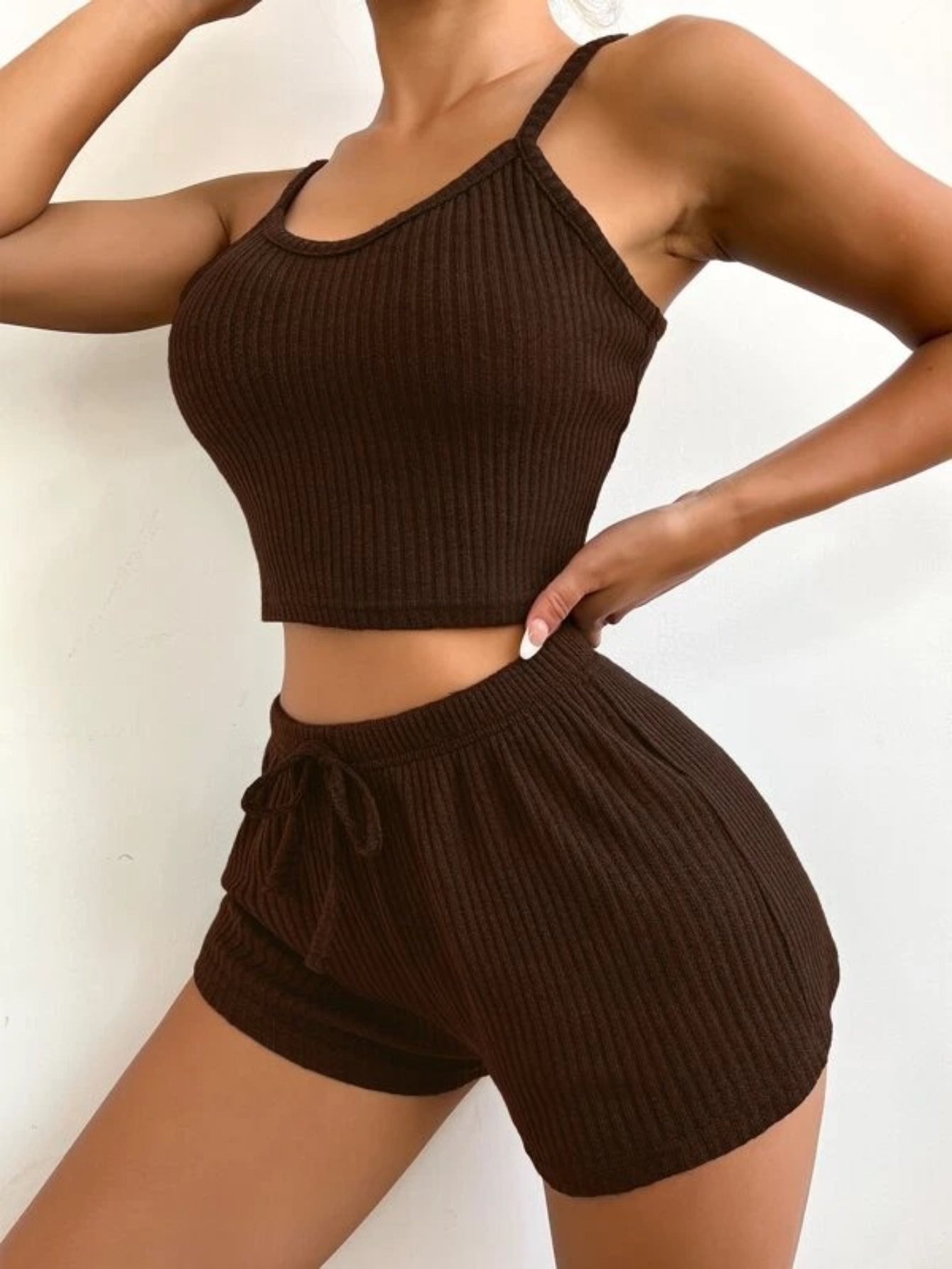 Ribbed Knit Cami Top And Shorts Lounge Set-Soco Hoodie