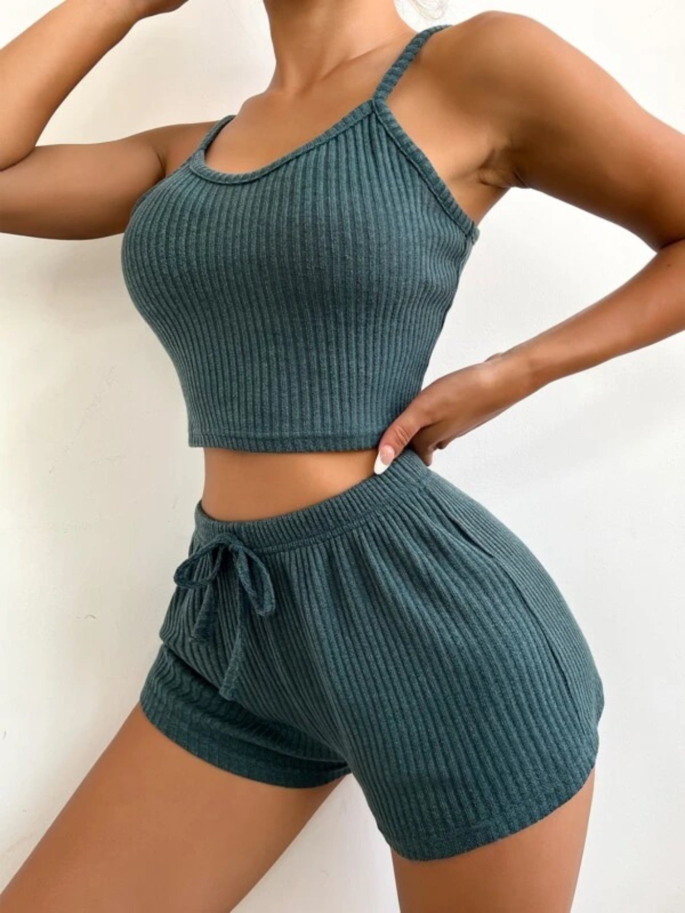 Ribbed Knit Cami Top And Shorts Lounge Set-Soco Hoodie