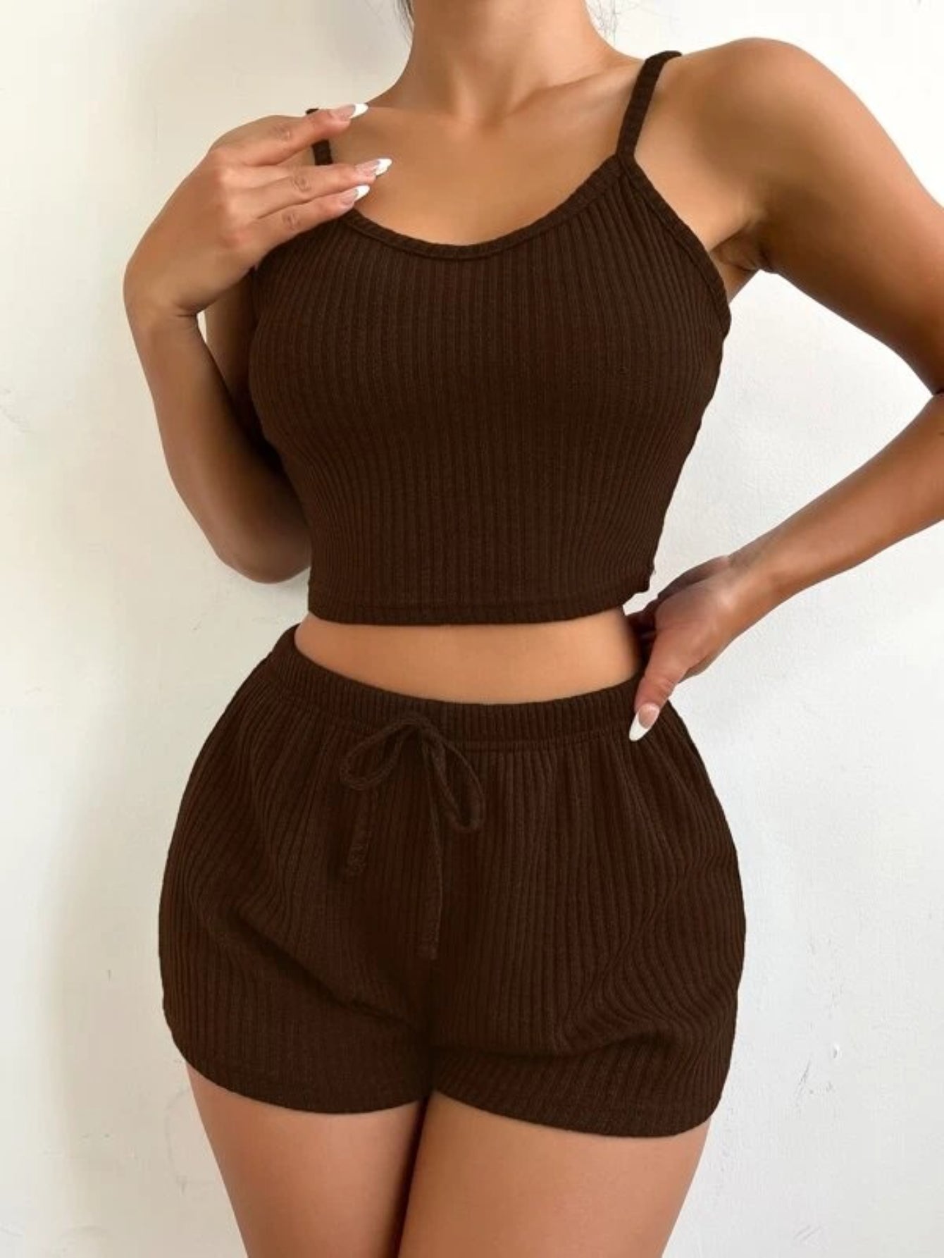 Ribbed Knit Cami Top And Shorts Lounge Set-Soco Hoodie
