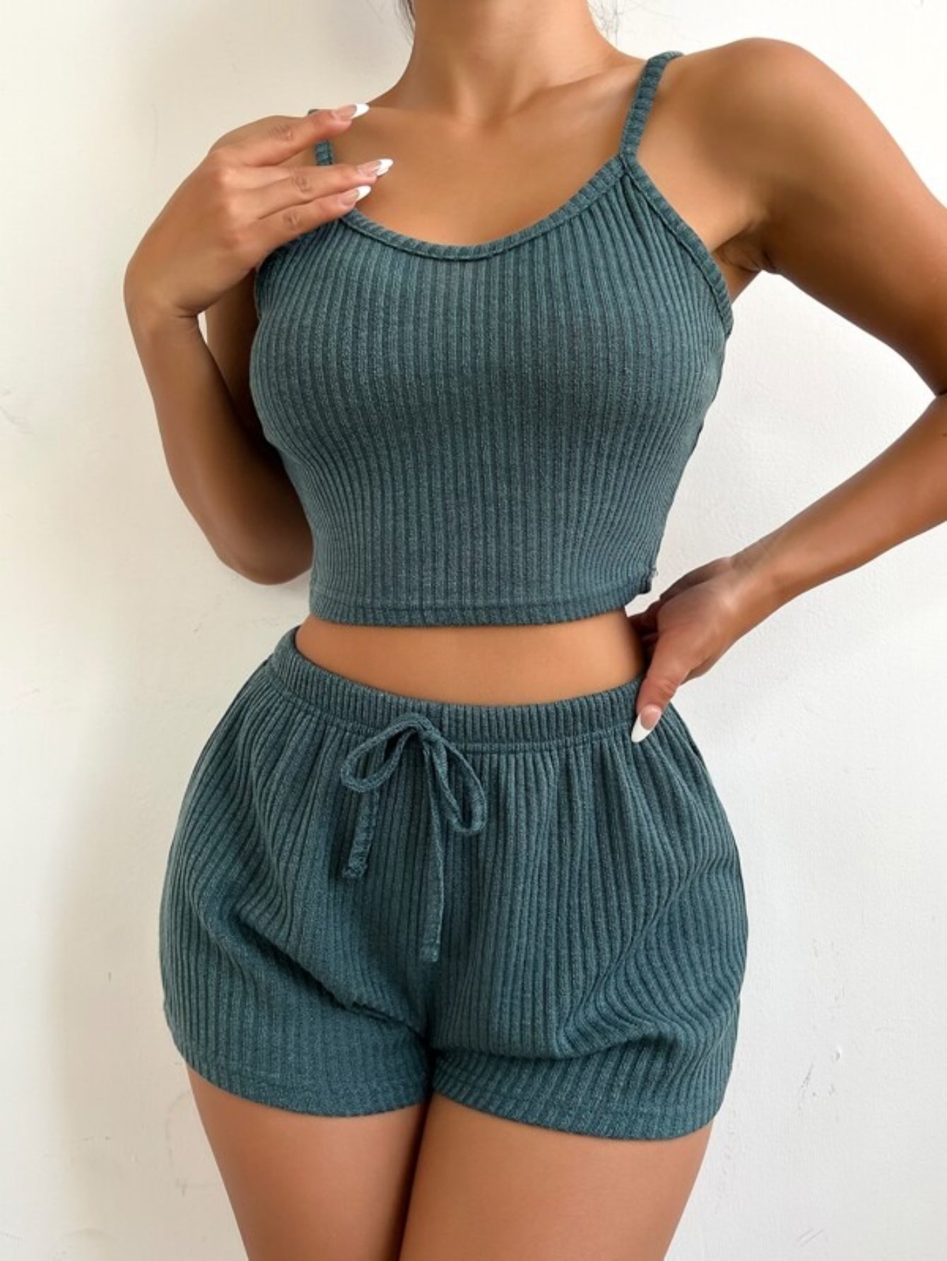 Ribbed Knit Cami Top And Shorts Lounge Set-Soco Hoodie