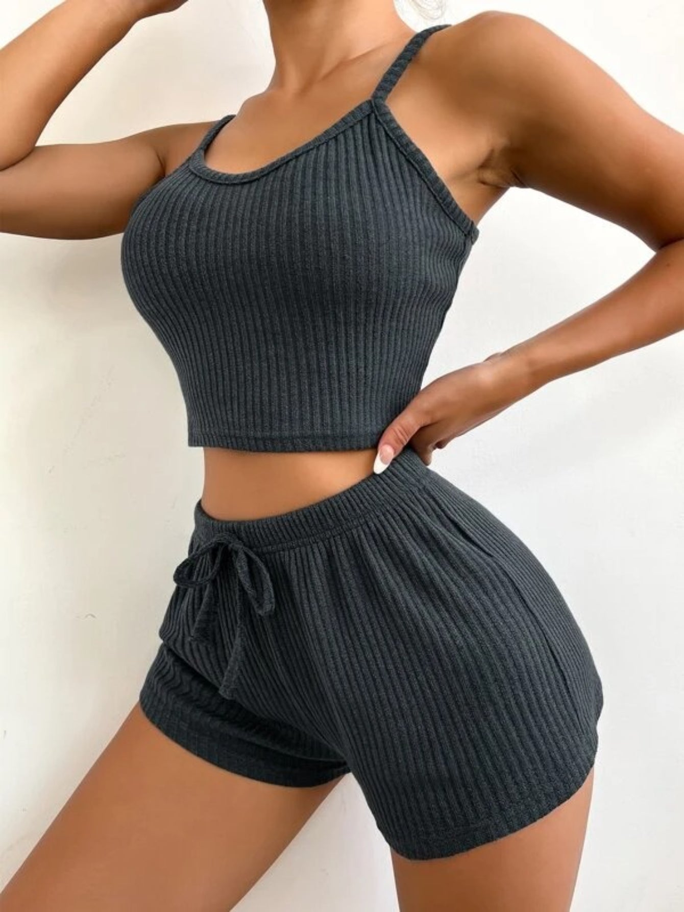 Ribbed Knit Cami Top And Shorts Lounge Set-Soco Hoodie