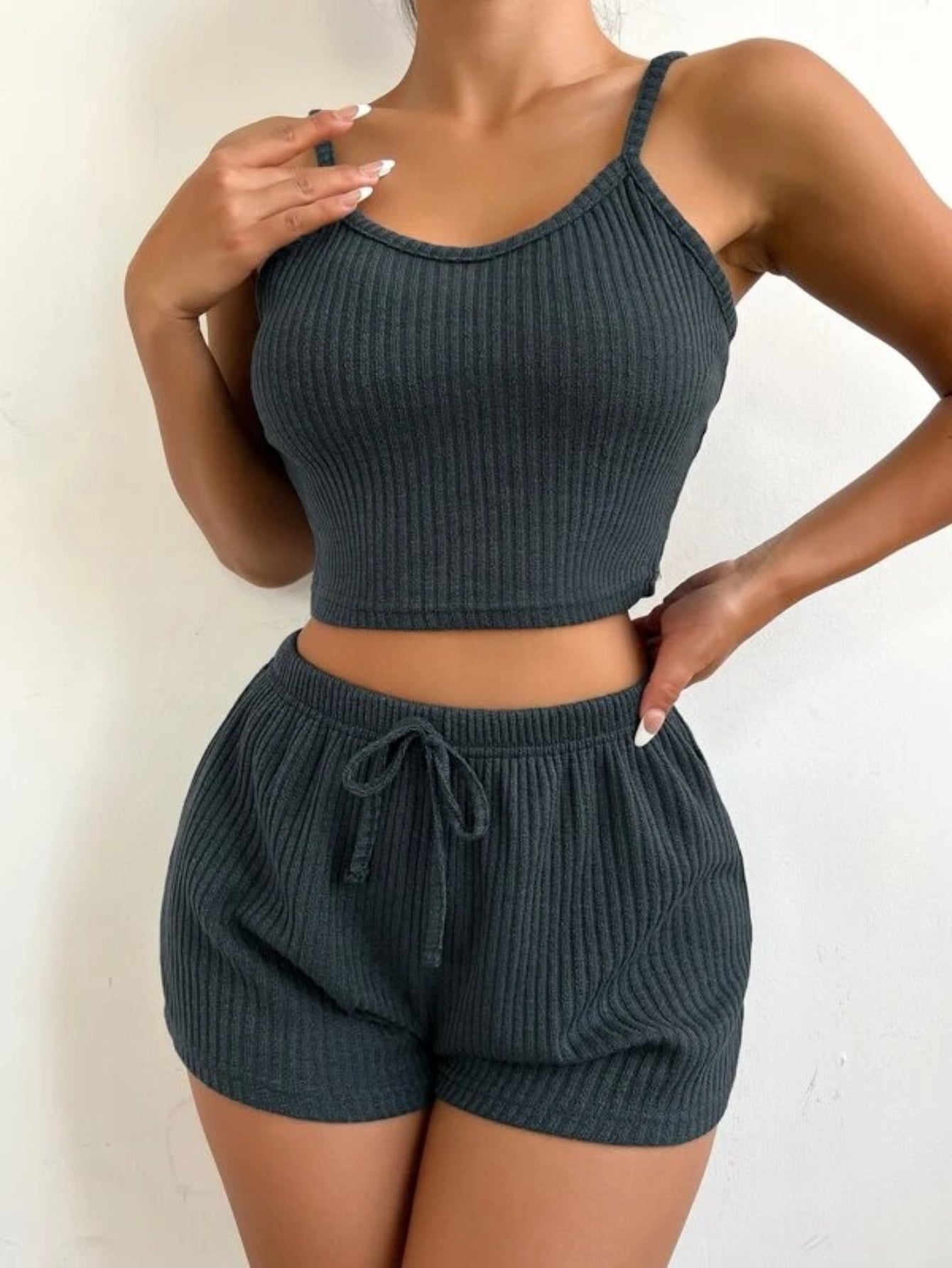 Ribbed Knit Cami Top And Shorts Lounge Set-Soco Hoodie