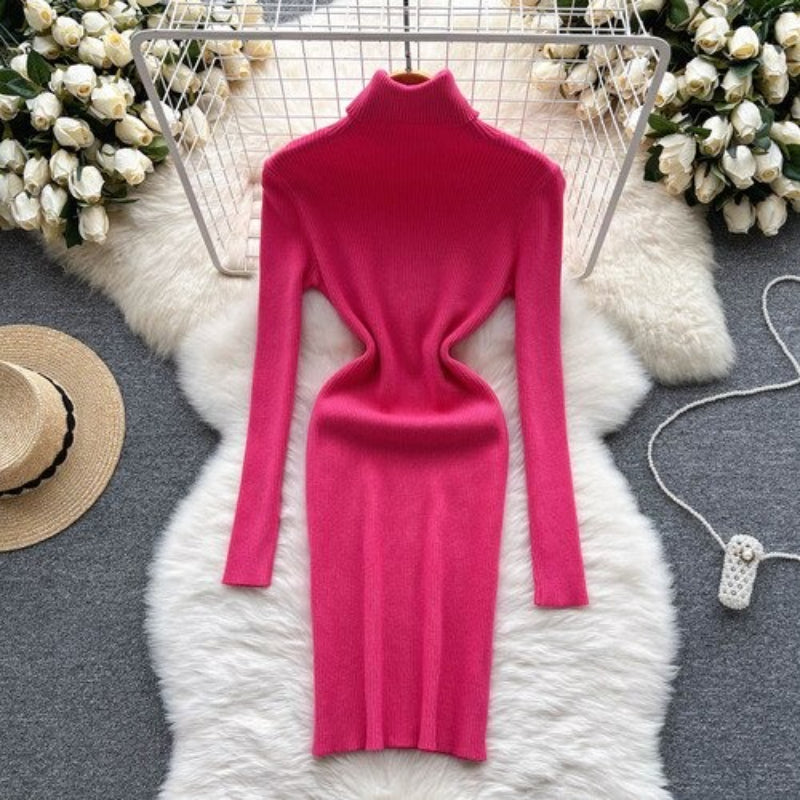 Long Sleeves Turtleneck Sheath Sweater Dress For Women-Soco Hoodie