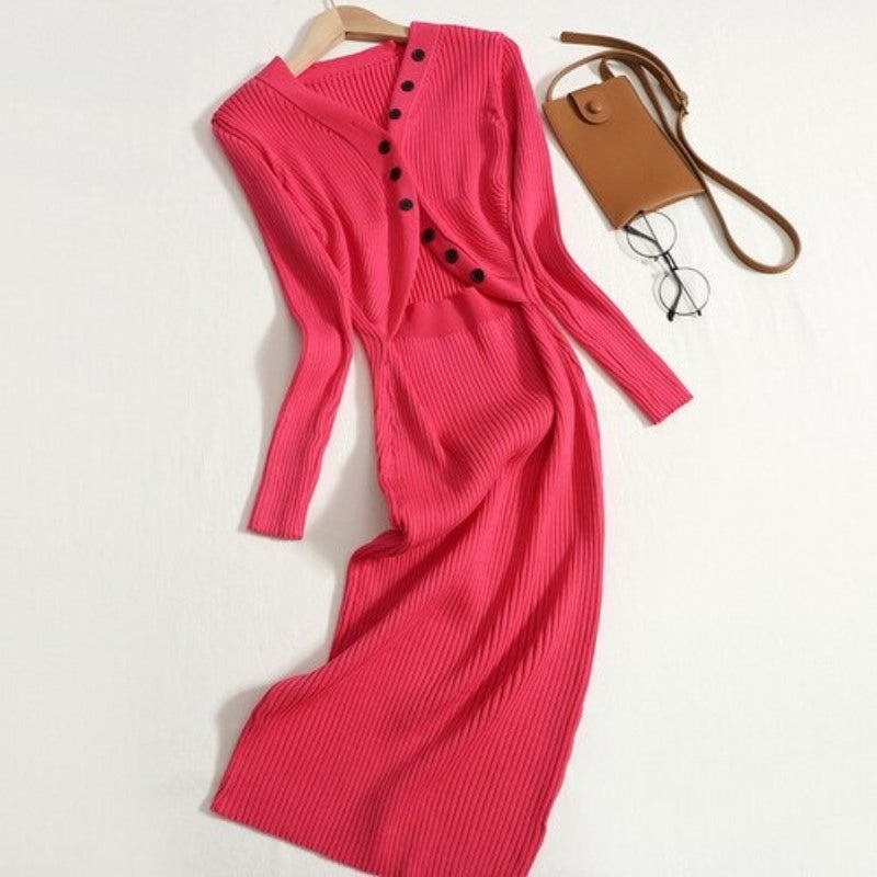 Elegant Hollow Out V-neck Long Sweater Dress For Women-Soco Hoodie