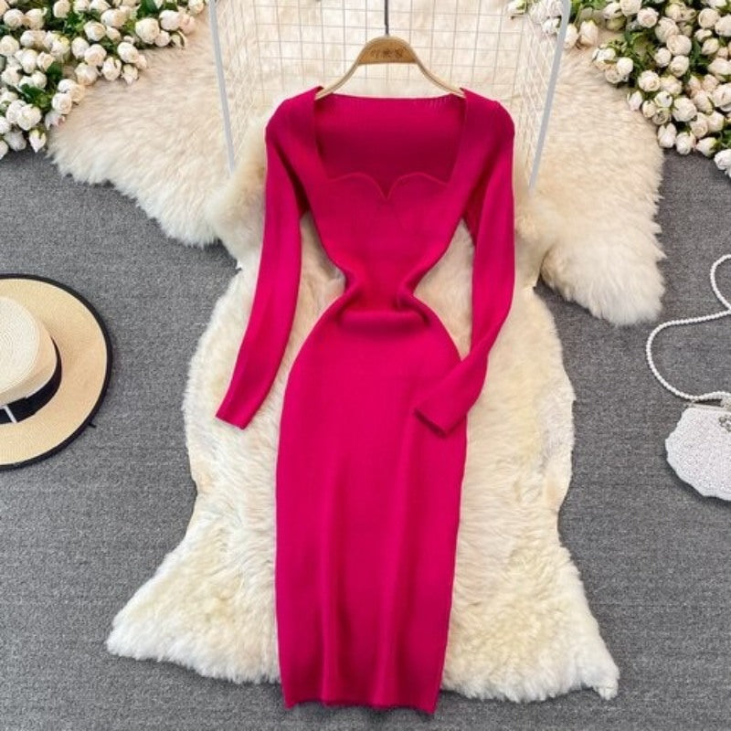 Elegant Low Neck Tight Stretch Knit Dress For Women-Soco Hoodie
