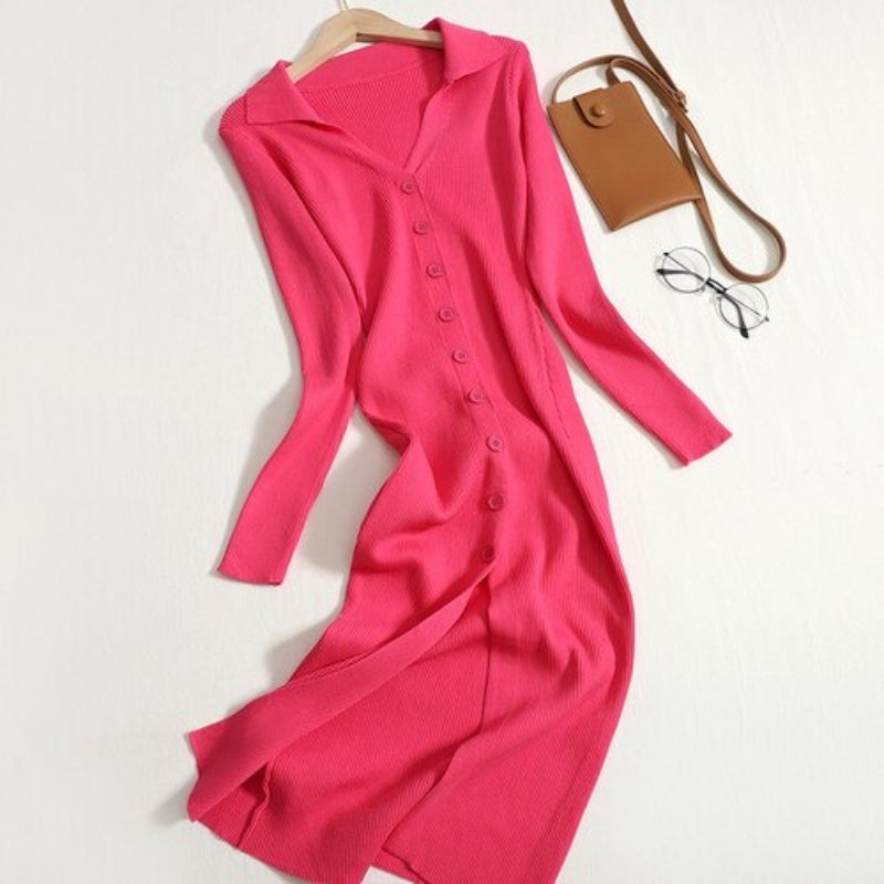 Button Down Elastic Knitted Sweater Dress-Soco Hoodie