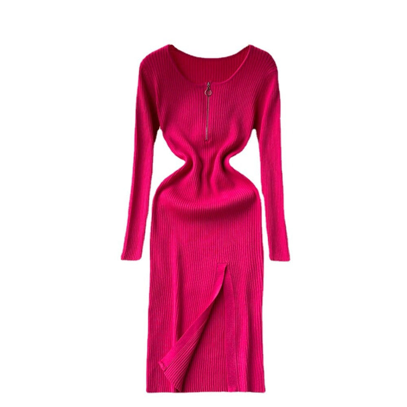 Slim Fit Knitted Long Sleeved Zipper Dress-Soco Hoodie