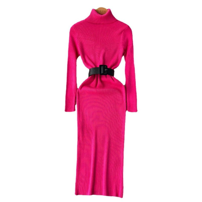 Women's Turtleneck A-Line Knitted Bodycon Dress With Belt-Soco Hoodie