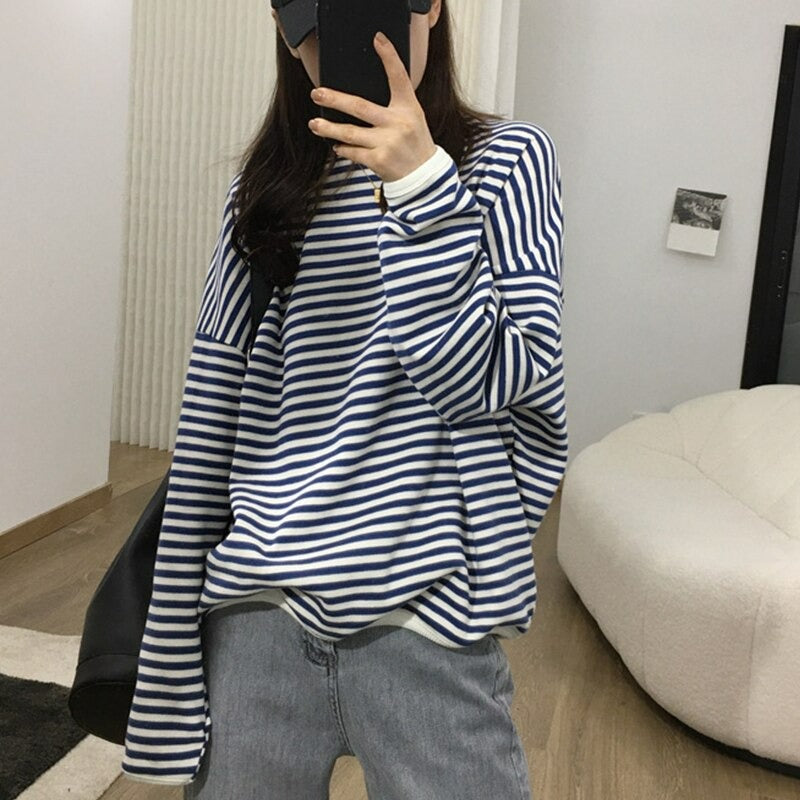 Women's Striped Oversized Casual Sweatshirt-Soco Hoodie