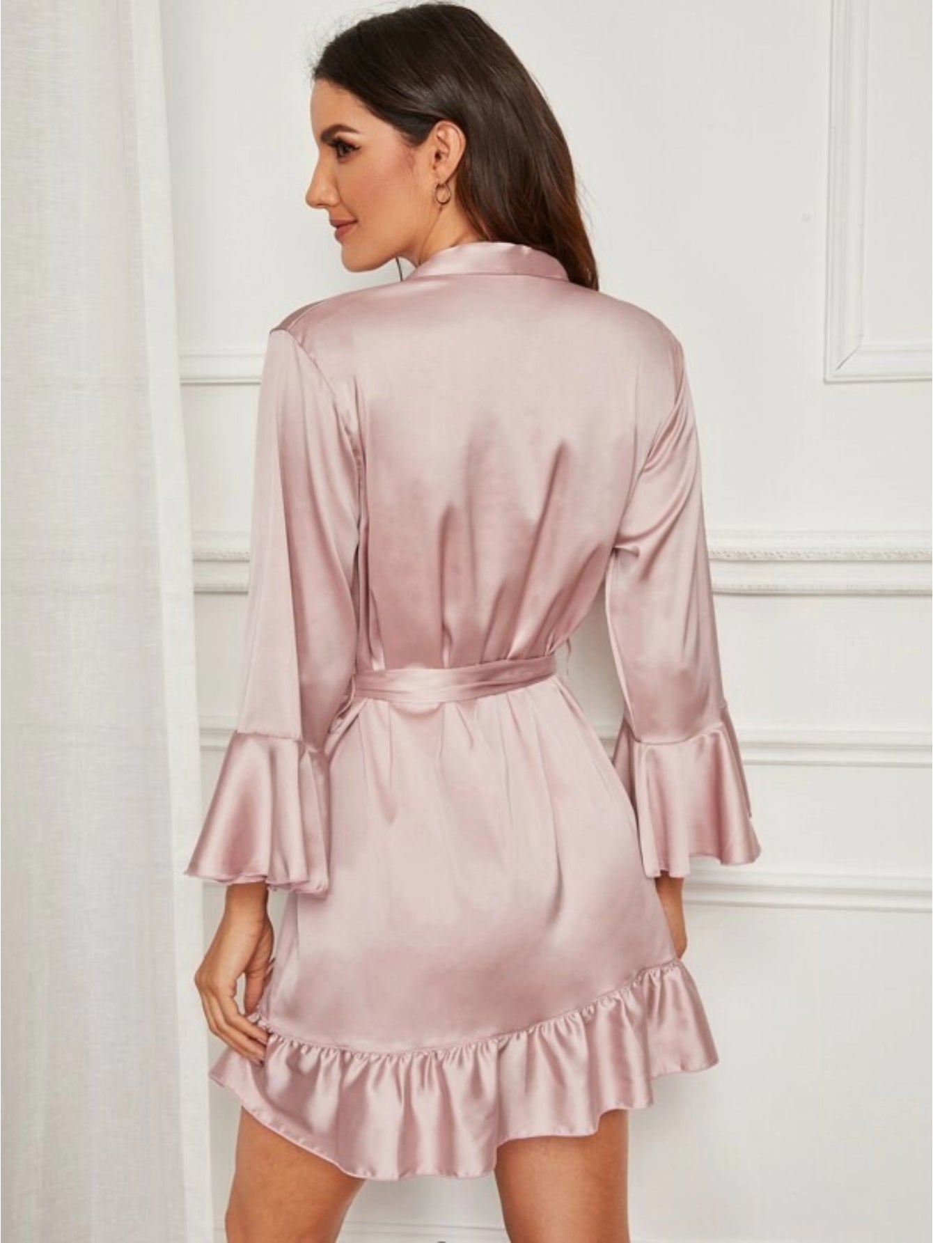 Ruffle Hem Belted Satin Robe-Soco Hoodie