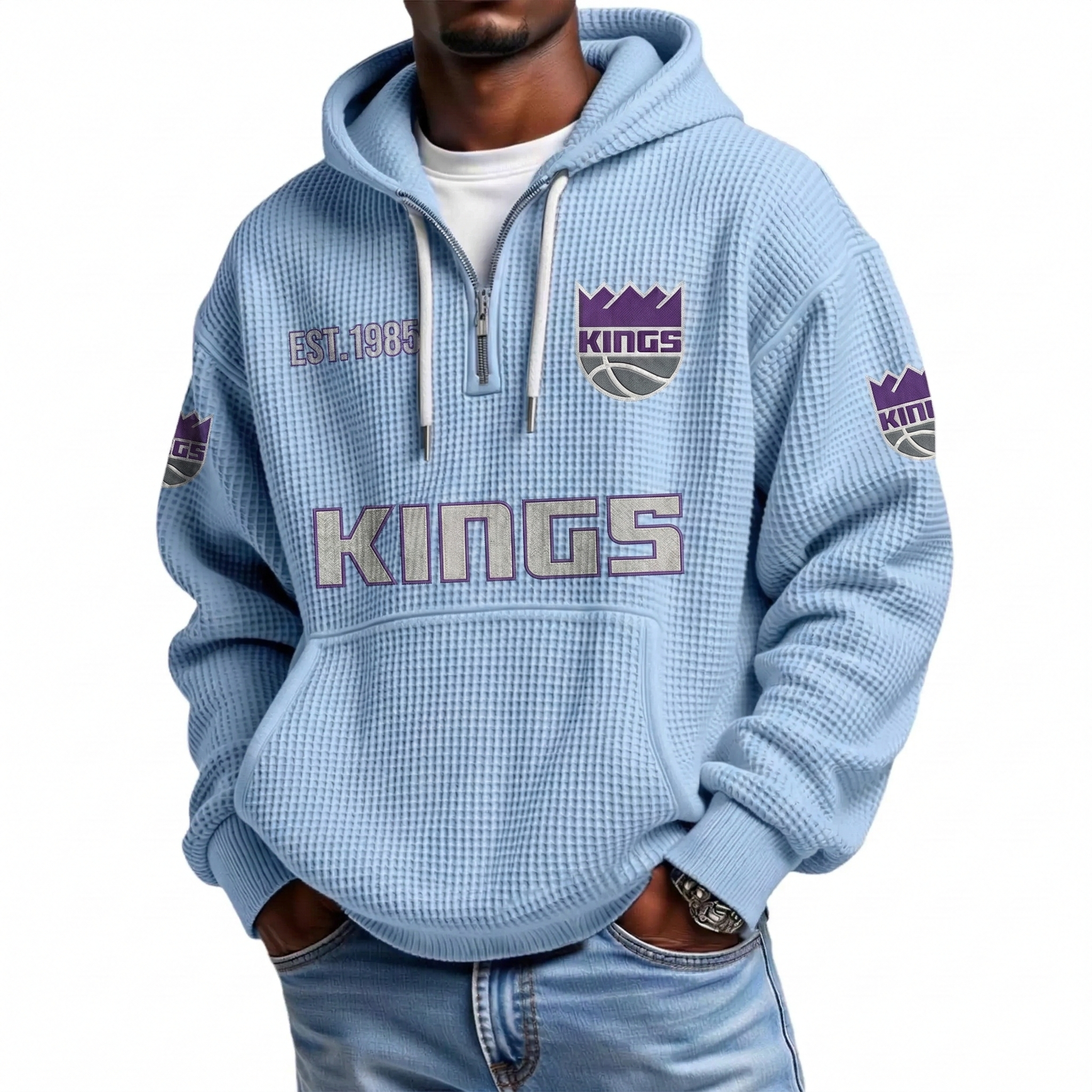 Sacramento Kings EST 1948 Printed Waffle Quarter Zip Basketball Fan Hoodie
