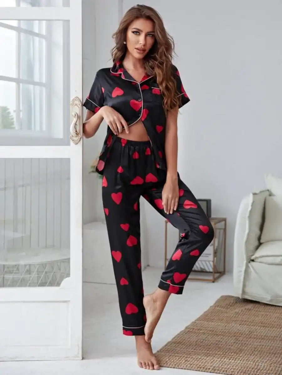 Satin Allover Print Night Set-Soco Hoodie