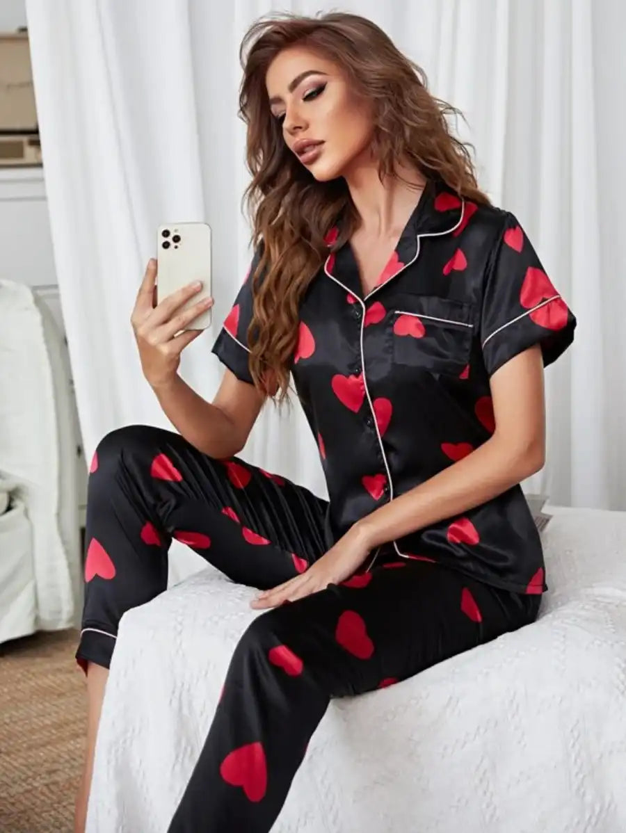 Satin Allover Print Night Set-Soco Hoodie