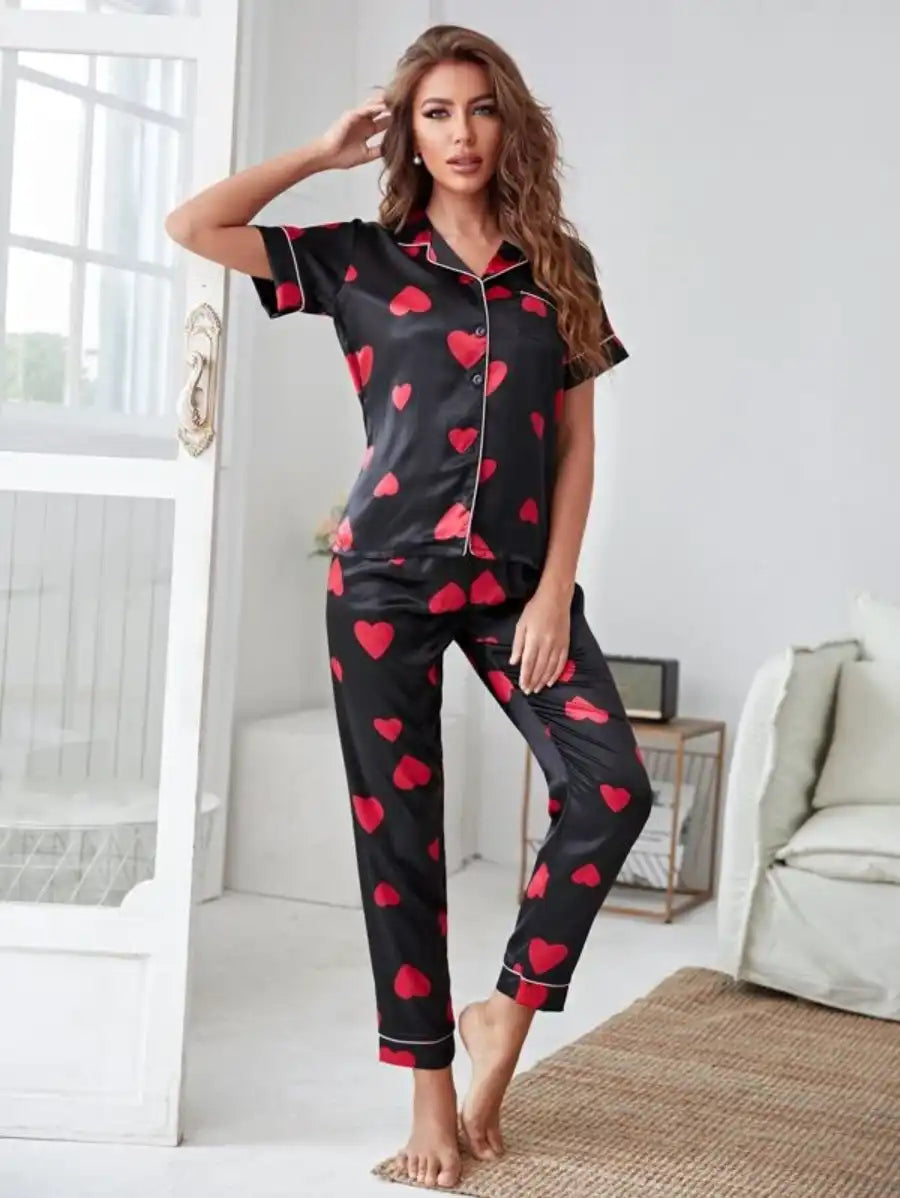 Satin Allover Print Night Set-Soco Hoodie