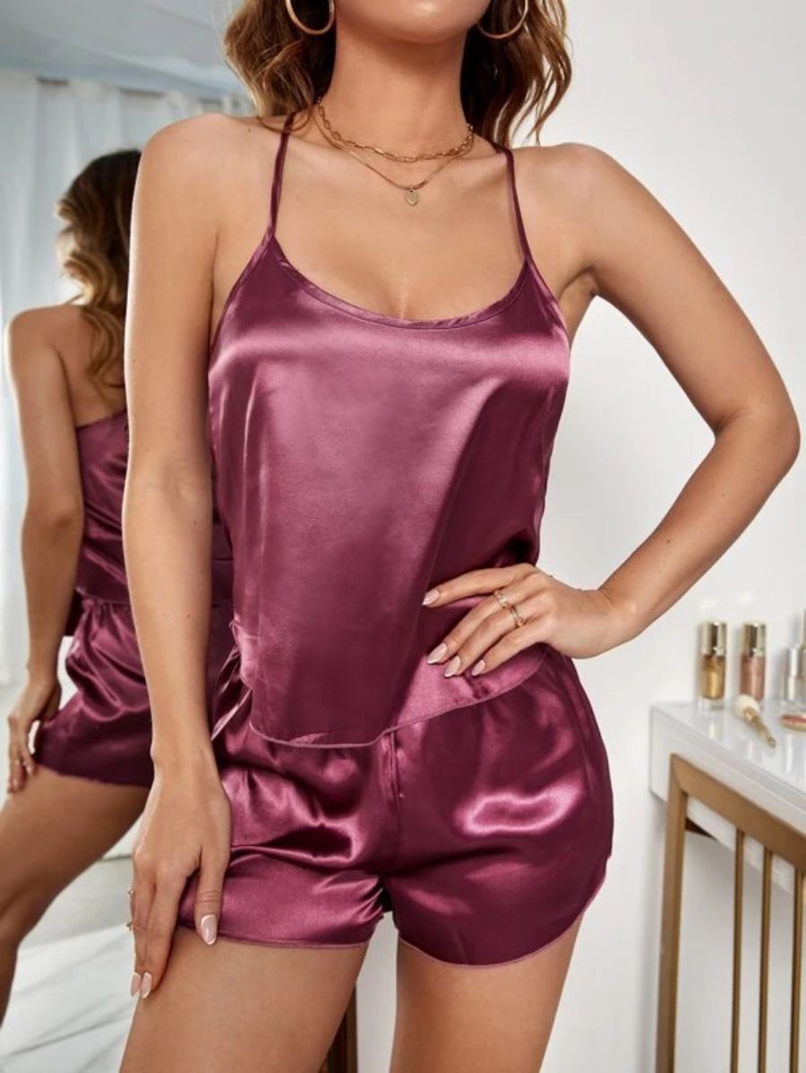 Satin Cami Top And Shorts Set-Soco Hoodie