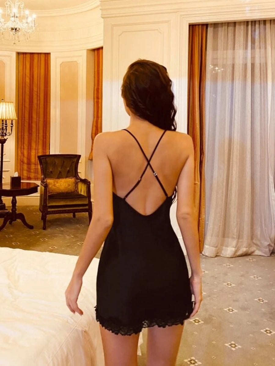 Satin Lace Trimed Split Night Dress-Soco Hoodie
