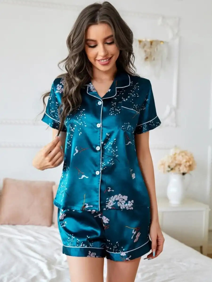 Satin Plants Print Lapel Collar Contrast Binding Pajama Set-Soco Hoodie