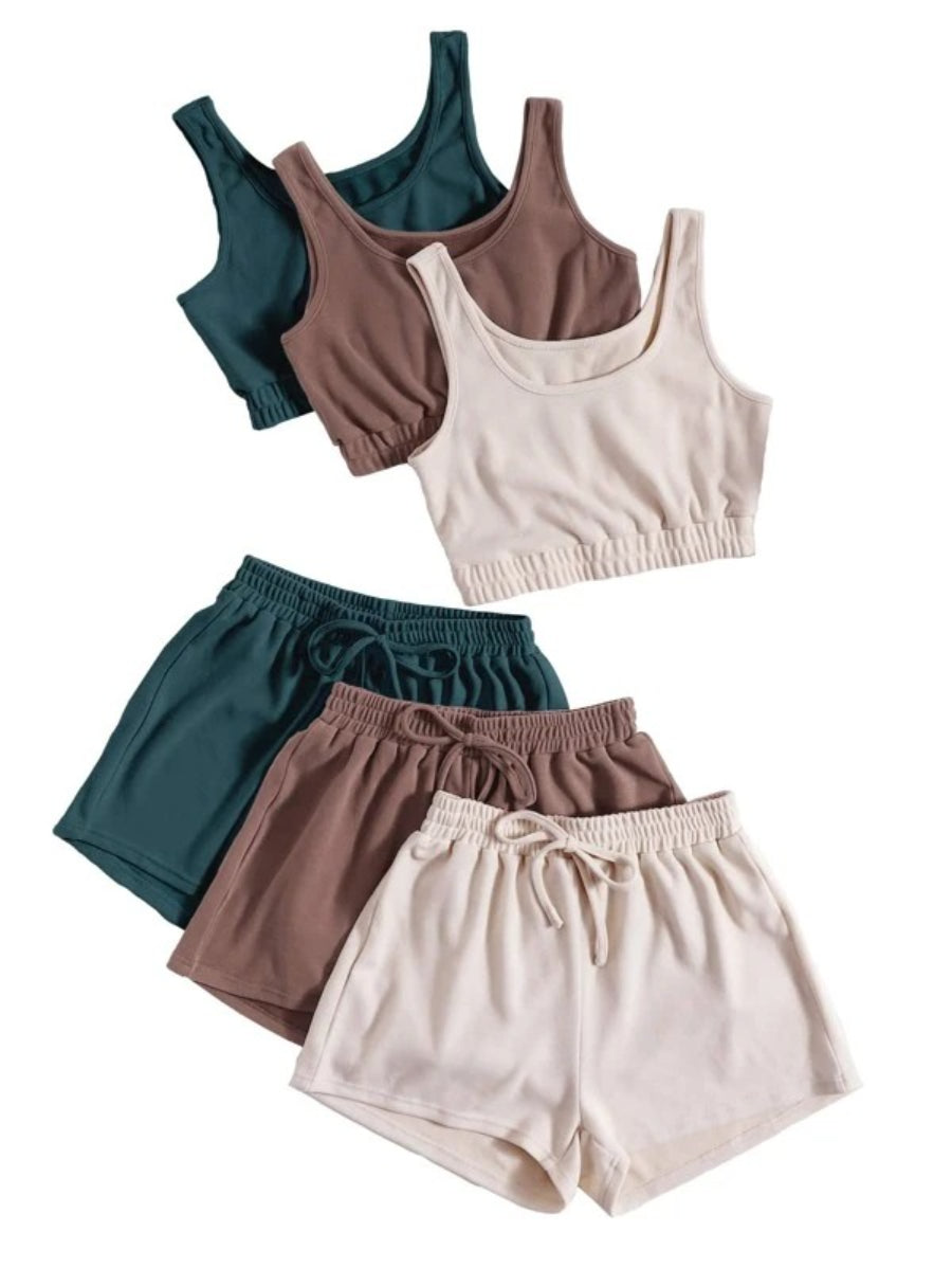 Set Of 3 Crop Tank Top And Knot Front Shorts Lounge Set-Soco Hoodie