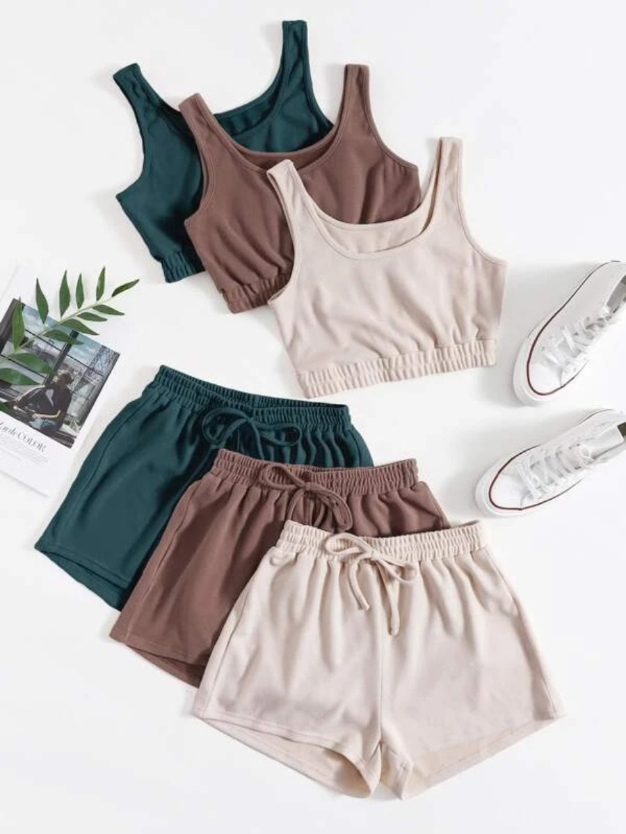 Set Of 3 Crop Tank Top And Knot Front Shorts Lounge Set-Soco Hoodie