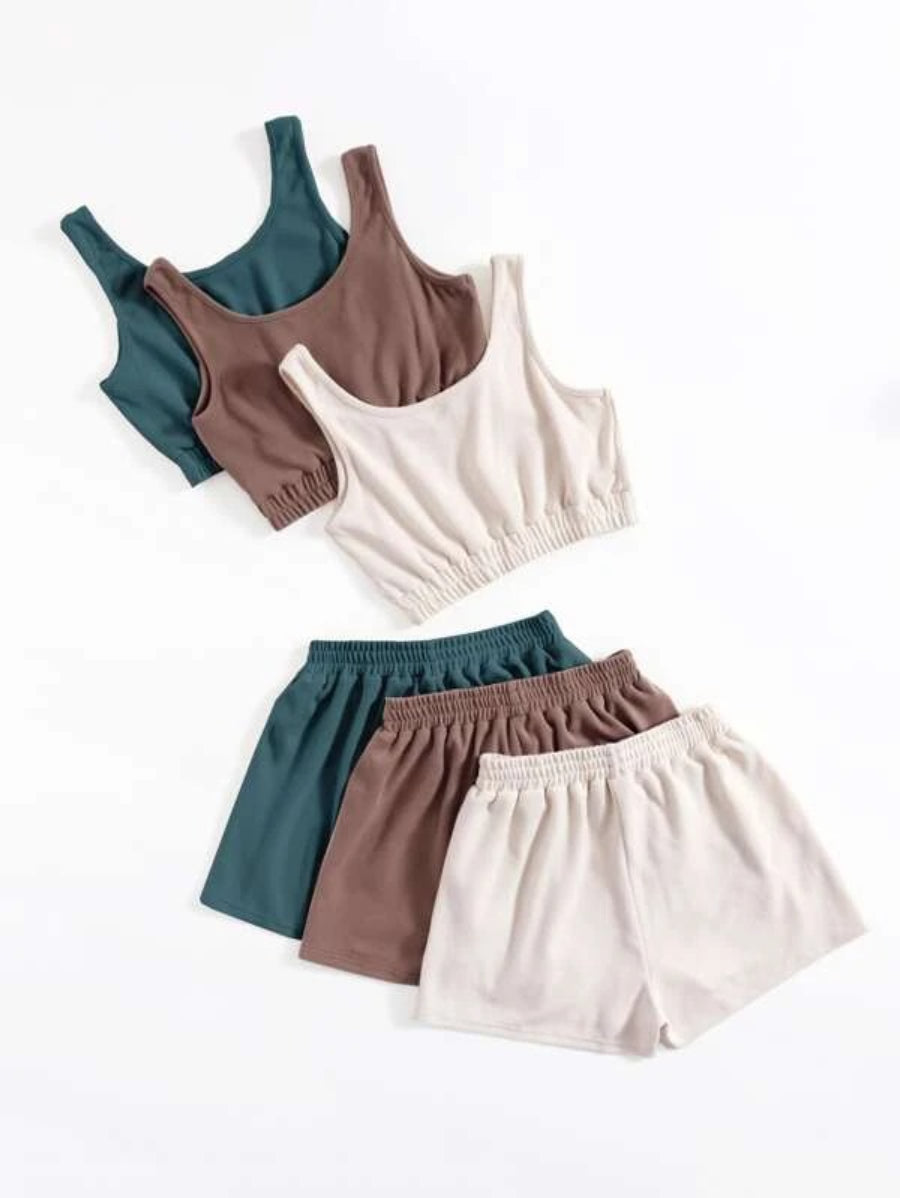 Set Of 3 Crop Tank Top And Knot Front Shorts Lounge Set-Soco Hoodie