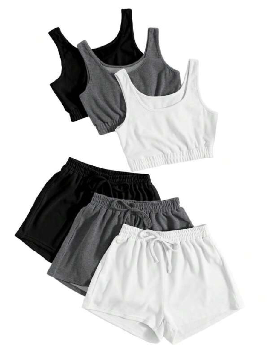 Set Of 3 Crop Tank Top And Knot Front Shorts Set-Soco Hoodie