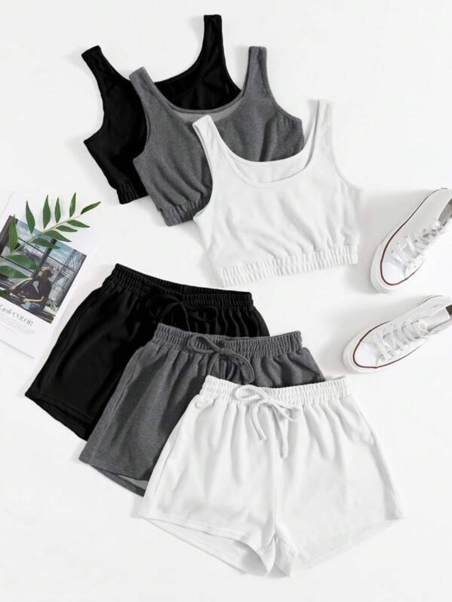 Set Of 3 Crop Tank Top And Knot Front Shorts Set-Soco Hoodie