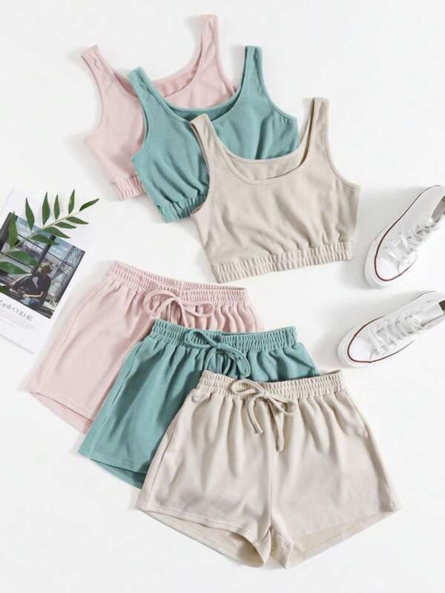 Set Of 3 Crop Top And Knot Front Shorts Lounge Set-Soco Hoodie