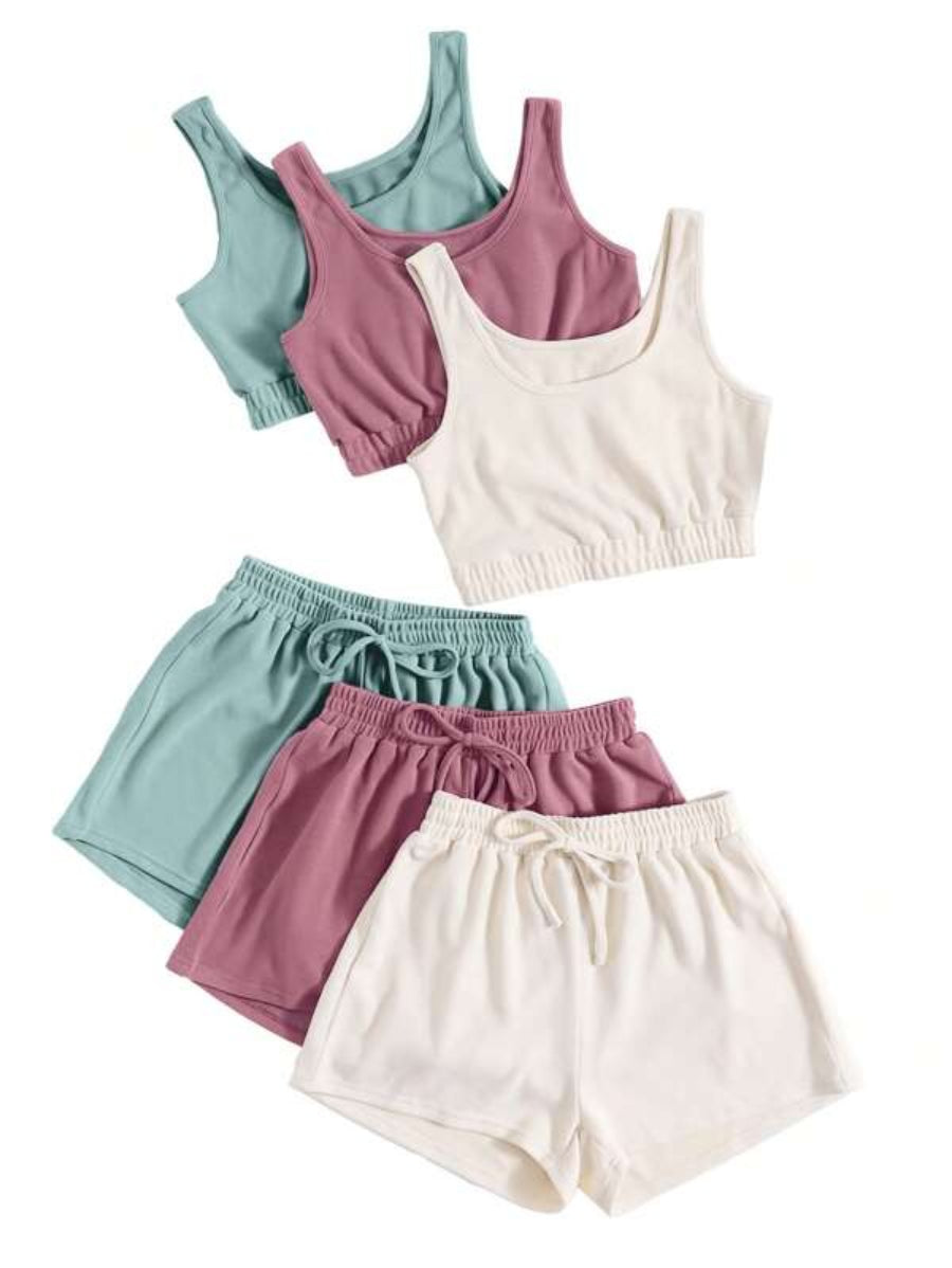 Set Of 3 Crop Top And Knot Front Shorts Set-Soco Hoodie