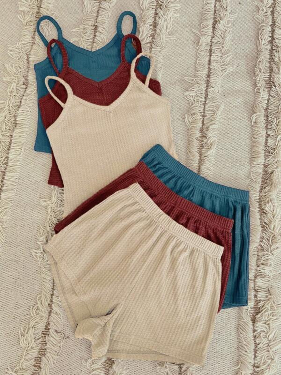 Set Of 3 Plain Cami Top And Shorts Lounge Set-Soco Hoodie