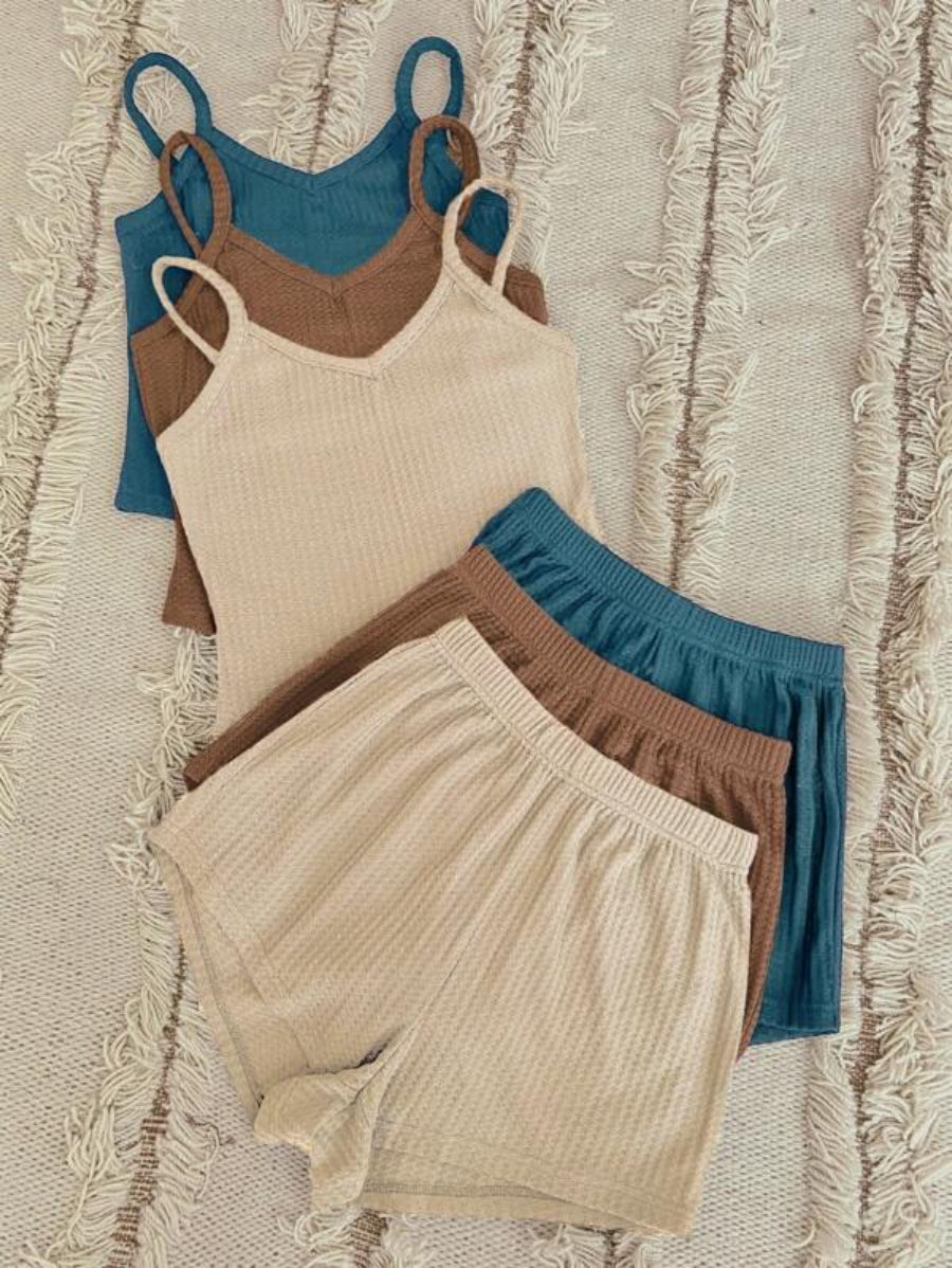 Set Of 3 Plain Cami Top And Shorts Set-Soco Hoodie