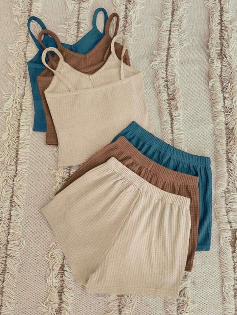 Set Of 3 Plain Cami Top And Shorts Set-Soco Hoodie