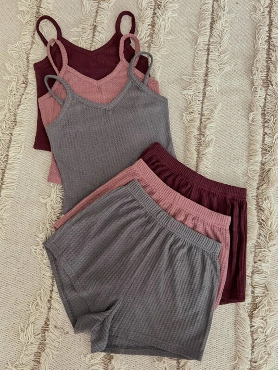 Set Of 3 Solid Cami Top And Shorts Lounge Set-Soco Hoodie
