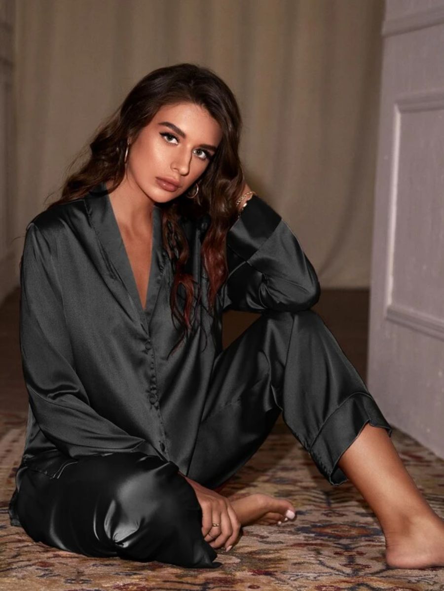Shawl Neck Satin Night Set-Soco Hoodie