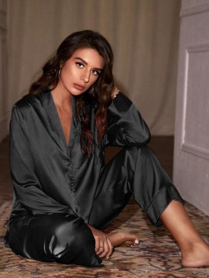 Shawl Neck Satin Night Set-Soco Hoodie