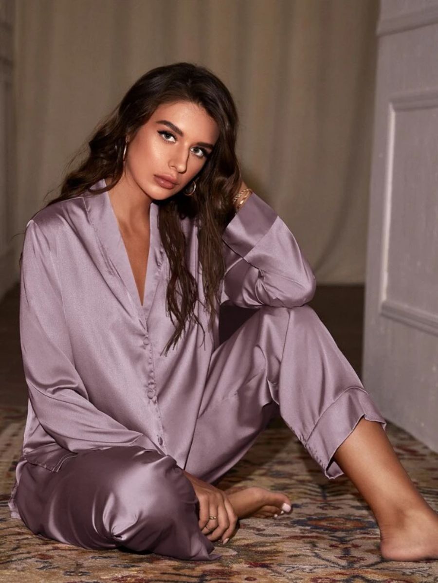 Shawl Neck Satin Night Set-Soco Hoodie