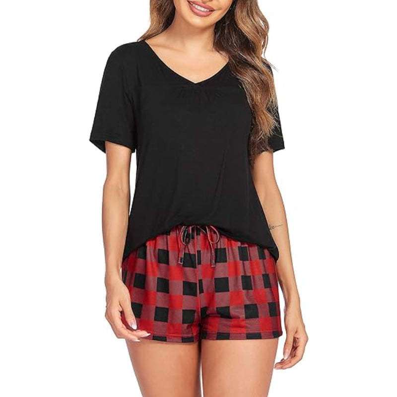 Short Sleeve Top And Nightwear Pajama Set Red Plaid