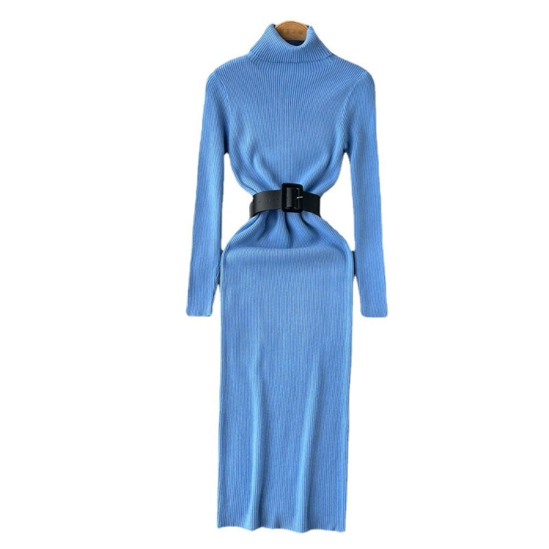 Women's Turtleneck A-Line Knitted Bodycon Dress With Belt-Soco Hoodie