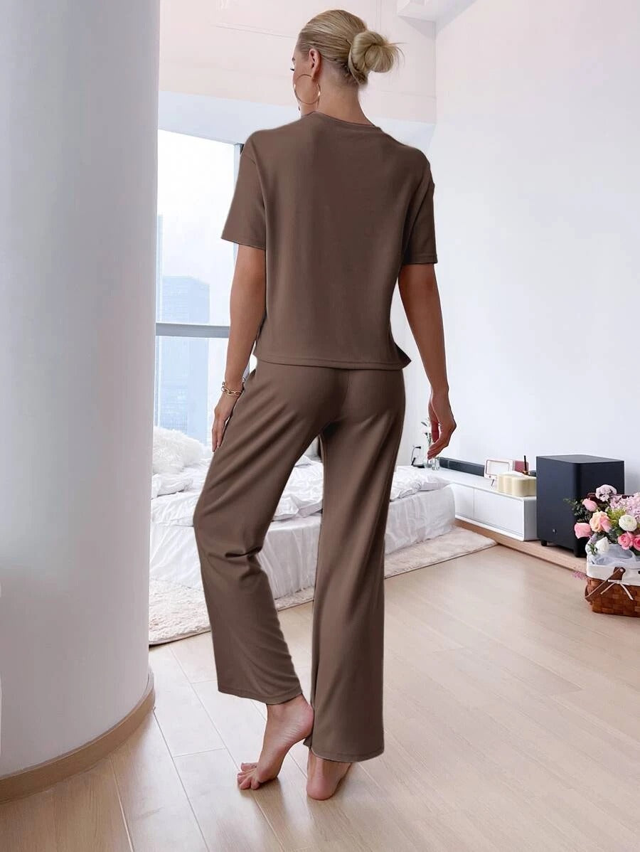 Slit Hem Top And Tie Pants Lounge Set-Soco Hoodie