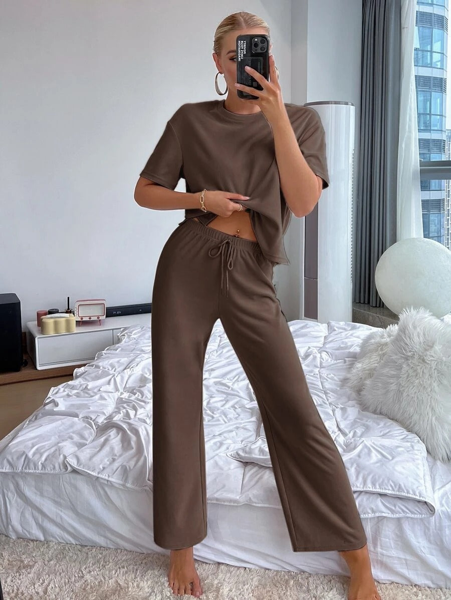 Slit Hem Top And Tie Pants Lounge Set-Soco Hoodie