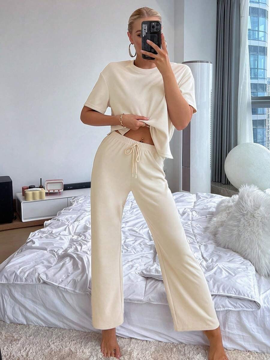 Slit Hem Top And Tie Pants Lounge Set-Soco Hoodie