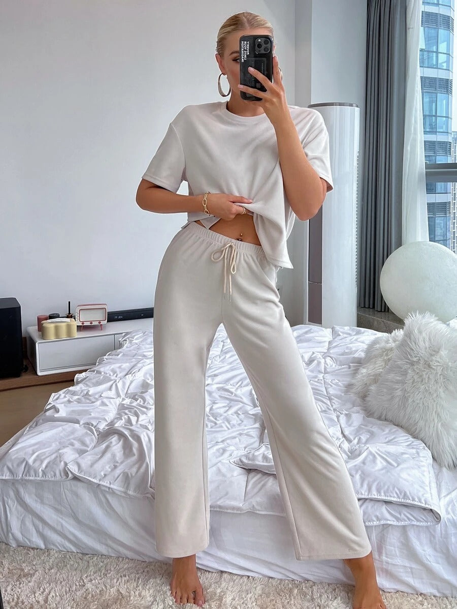 Slit Hem Top And Tie Pants Lounge Set-Soco Hoodie