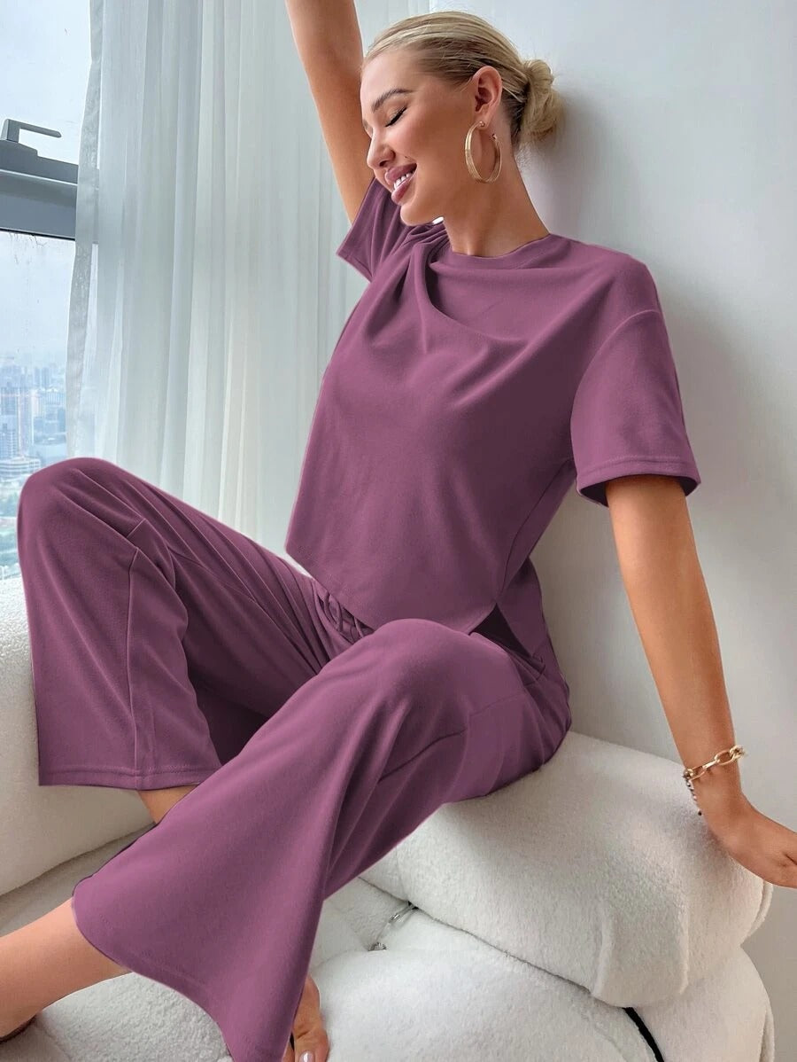 Slit Hem Top And Tie Pants Lounge Set-Soco Hoodie